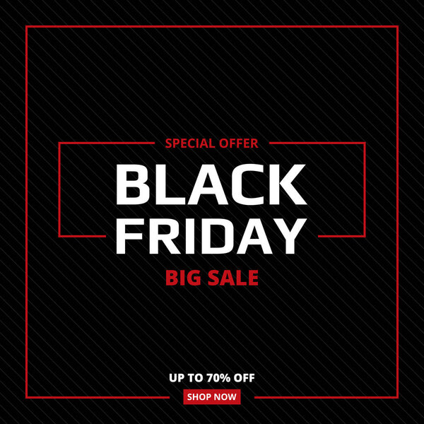 Black friday sale abstract banner. Black and red commercial cartoon background with diagonal lines and frame.
