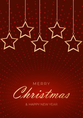 Kırmızı Noel arkaplanında altın yıldızlar zincirli.