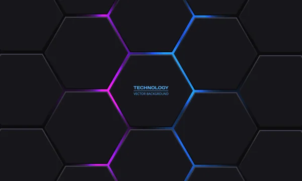 Fondo vectorial de tecnología hexagonal gris oscuro con gradiente de neón de color — Vector de stock