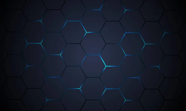 Fond abstrait de technologie hexagonale gris foncé avec des éclats d'énergie brillants bleus sous hexagone — Image vectorielle