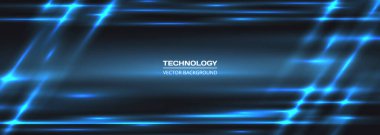 Mavi neon çizgileri olan koyu renk soyut teknoloji afişi. Gelecekteki teknolojik altyapı.
