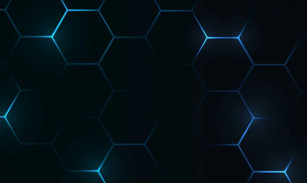 Μαύρο εξάγωνο gaming τεχνολογία αφηρημένη διάνυσμα φόντο με μπλε χρωματιστά φωτεινά λάμψεις ενέργειας. — Διανυσματικό Αρχείο