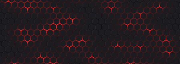 Dark wide hexagon abstract technology honeycomb futuristic background with red bright energy flashes — Stock Vector