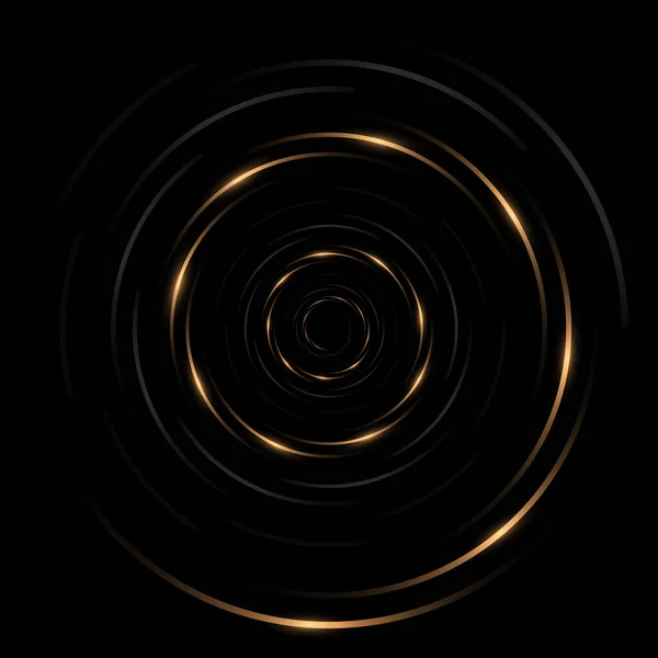 Lujo abstracto elegante negro y oro espiral círculo líneas sobre fondo negro vector. — Archivo Imágenes Vectoriales