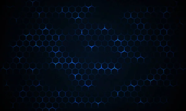 Dark technology hexagonal vector background. Abstract blue bright energy flashes under hexagon. — Stock Vector