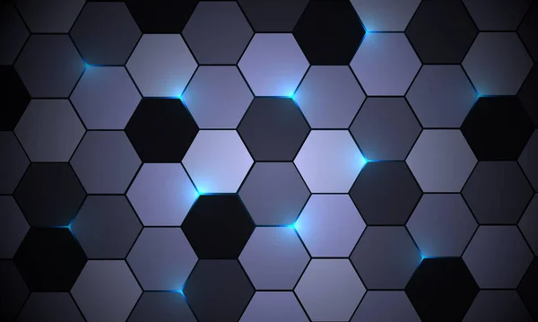 Γκρι εξάγωνο διάνυσμα αφηρημένο φόντο με μπλε χρωματιστά φώτα — Διανυσματικό Αρχείο