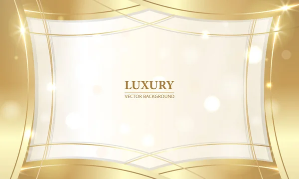 Golden luxury frame with abstract gold lines and the light bokeh sparkles on cream color background