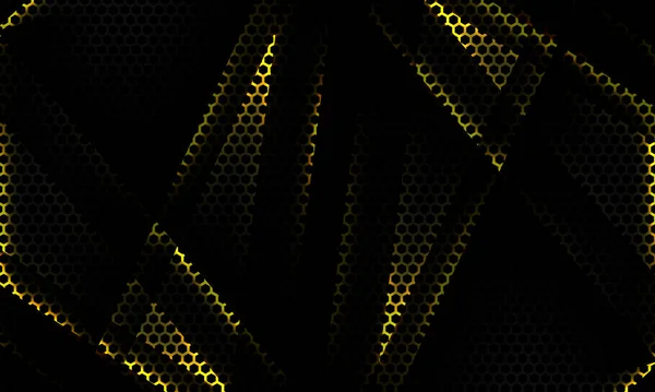 Schwarz Sechseck Kohlefaser Gaming-Sport-Tech-Hintergrund mit gelben Linien und Schatten Objekte — Stockvektor