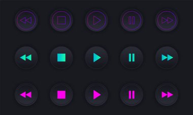 Ortam oynatıcı simgeleri ayarlandı. Ses veya video oynatıcıyı kontrol etmek için koyu renkli düğmeler. Siyah hacimli 3d izole düğme paketi. Çal, duraklat, dur, geri sar, sıradaki, müzik çalar simgesi.