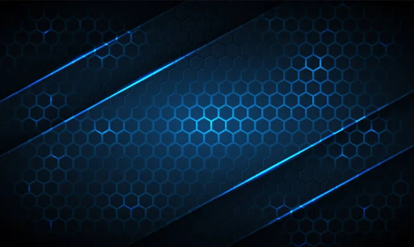 Donkerblauwe Hexagonale Technologie Abstracte Achtergrond Met Neon Strepen Lichtblauwe Heldere — Stockvector