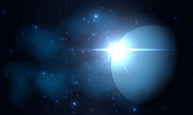 Karanlık yıldızlı gökyüzünde, uzayda bir gezegen. Gerçekçi kozmos vektör arka planı. Gelecekçi uzay galaksisi