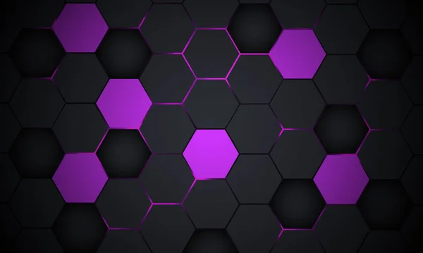 Tecnologia hexagonal cinza escuro e violeta fundo abstrato com flashes brilhantes coloridos roxos — Vetor de Stock