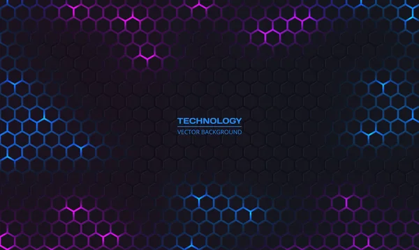 Σκούρο εξάγωνο αφηρημένη τεχνολογία φόντο με μπλε και μοβ φωτεινά χρώματα λάμψεις — Διανυσματικό Αρχείο