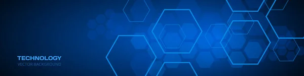 Tecnologia azul escuro amplo fundo abstrato com elementos hexagonais. Abstract hexagon medical navy blue horizontal banner. — Vetor de Stock