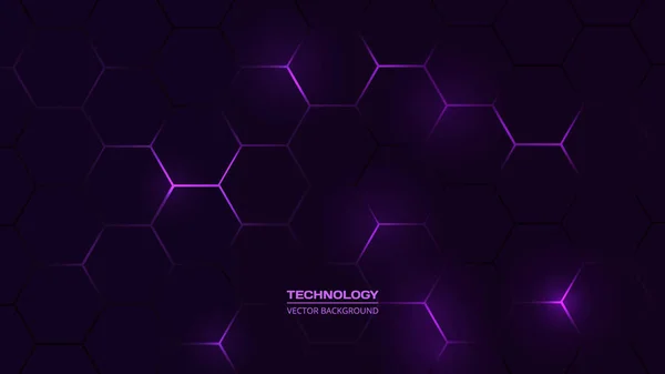 Tecnología hexagonal oscura fondo abstracto con destellos brillantes de color azul y rosa — Vector de stock