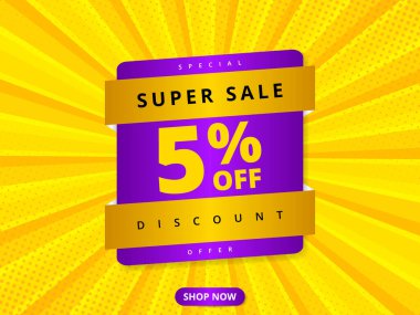 Renkli indirimli pankart indirimi% 5 indirimde. Sarı soyut arkaplan ve% 5 indirimli mesaj. Reklam indirimi afişi. Sıcak teklif kuponu.