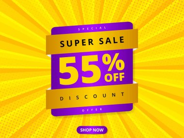 Renkli indirimli pankart indirimi% 55 indirimde. Sarı soyut arka plan ve% 55 indirimli mesaj. Reklam indirimi afişi. Sıcak teklif kuponu.