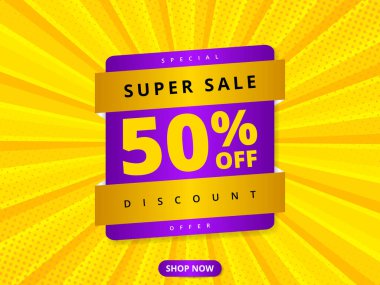 Renkli indirimli pankart indirimi% 50 indirimli. Sarı soyut arka plan ve% 50 indirimli mesaj. Reklam indirimi afişi. Sıcak teklif kuponu.