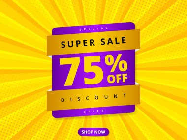 Renkli indirimli pankart indirimi% 75 indirimde. Sarı soyut arka plan ve% 75 indirimli mesaj. Reklam indirimi afişi. Sıcak teklif kuponu.