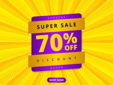 Renkli indirimli pankart indirimi% 70 indirimli. Sarı soyut arkaplan ve% 70 indirimli mesaj. Reklam indirimi afişi. Sıcak teklif kuponu.
