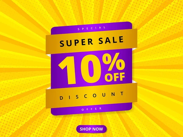 Renkli indirimli pankart indirimi% 10 indirimde. Sarı soyut arka plan ve% 10 indirimli mesaj. Reklam indirimi afişi. Sıcak teklif kuponu.