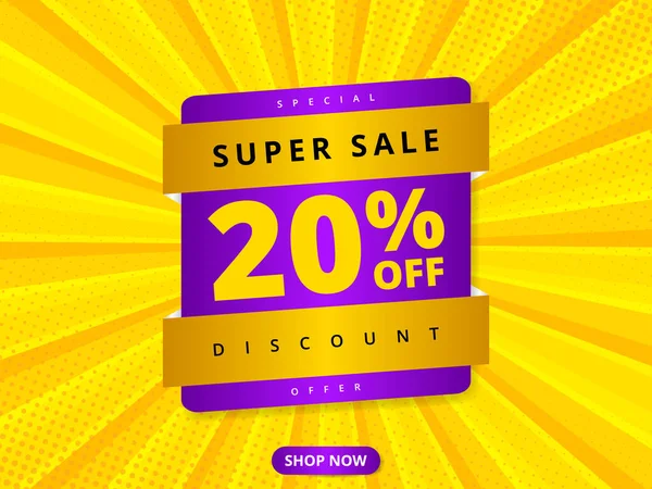 Colorful sale banner discount 20 percent off. Yellow abstract background with super sale 20 percent off offer message. Advertising discount banner. Hot offer coupon. — Stock Vector