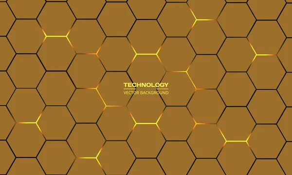 Dark yellow hexagonal technology vector abstract background. Yellow bright energy flashes under hexagon in modern technology futuristic background vector illustration. Vector honeycomb texture grid — Archivo Imágenes Vectoriales