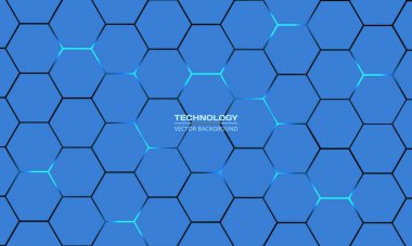 Mavi altıgen teknoloji vektörü soyut arka plan. Modern teknoloji fütüristik arka plan illüstrasyonunda altıgen altında mavi parlak enerji parlamaları. Mavi vektör bal peteği doku ızgarası
