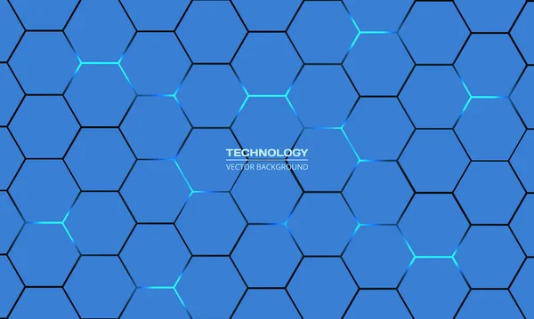 Blue hexagonal technology vector abstract background. Blue bright energy flashes under hexagon in modern technology futuristic background vector illustration. Blue vector honeycomb texture grid — Vettoriale Stock