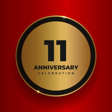 11. yıl dönümü kutlamaları. 11. yıl dönümü partisinin poster şablonunu kutluyoruz. Kırmızı kare arkaplan üzerinde sayılar ve metin olan vektör altın çember. Vektör illüstrasyonu