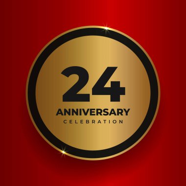 24. yıl dönümü kutlamaları. 24. yıl dönümü partisinin poster şablonunu kutluyoruz. Kırmızı kare arkaplan üzerinde sayılar ve metin olan vektör altın çember. Vektör illüstrasyonu