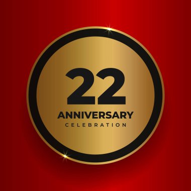 22 'nci yıl dönümü kutlamaları. 22. yıldönümü partisinin poster şablonunu kutluyoruz. Kırmızı kare arkaplan üzerinde sayılar ve metin olan vektör altın çember. Vektör illüstrasyonu