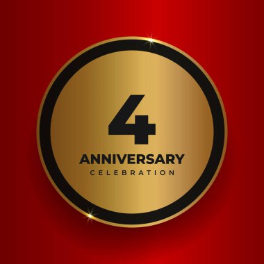 Dördüncü yıl dönümü kutlamaları. 4. yıl dönümü partisinin poster şablonunu kutluyoruz. Kırmızı kare arkaplan üzerinde sayılar ve metin olan vektör altın çember. Vektör illüstrasyonu