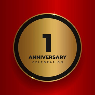 Birinci yıl dönümü kutlamaları. Birinci yıl dönümü partisinin poster şablonunu kutluyoruz. Kırmızı kare arkaplan üzerinde sayılar ve metin olan vektör altın çember. Vektör illüstrasyonu