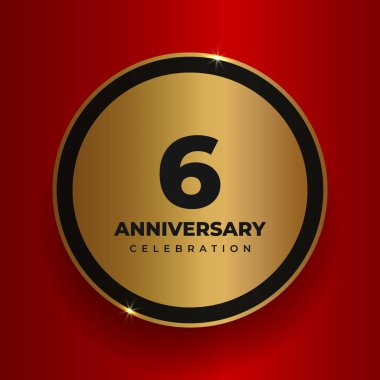 Altıncı yıl dönümü kutlamaları. 6. yıl dönümü partisinin poster şablonunu kutluyoruz. Kırmızı kare arkaplan üzerinde sayılar ve metin olan vektör altın çember. Vektör illüstrasyonu