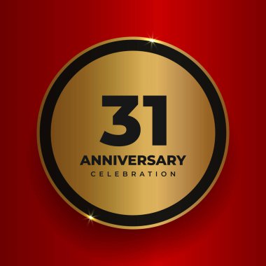 31 'inci yıl dönümü kutlamaları. 31. yıldönümü partisinin poster şablonunu kutluyoruz. Kırmızı kare arkaplan üzerinde sayılar ve metin olan vektör altın çember. Vektör illüstrasyonu