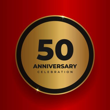 50 'nci yıl dönümü kutlamaları. 50. yıl dönümü partisinin poster şablonunu kutluyoruz. Kırmızı kare arkaplan üzerinde sayılar ve metin olan vektör altın çember. Vektör illüstrasyonu