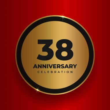 38 'inci yıl dönümü kutlamaları. 38. yıl dönümü partisinin poster şablonunu kutluyoruz. Kırmızı kare arkaplan üzerinde sayılar ve metin olan vektör altın çember. Vektör illüstrasyonu