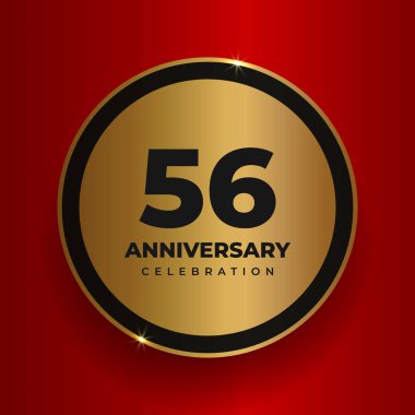 56. Yıl dönümü kutlamaları. 56. yıl dönümü partisinin poster şablonunu kutluyoruz. Kırmızı kare arkaplan üzerinde sayılar ve metin olan vektör altın çember. Vektör illüstrasyonu