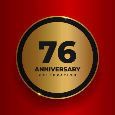 76. Yıl dönümü kutlamaları. 76. yıldönümü partisinin poster şablonunu kutluyoruz. Kırmızı kare arkaplan üzerinde sayılar ve metin olan vektör altın çember. Vektör illüstrasyonu