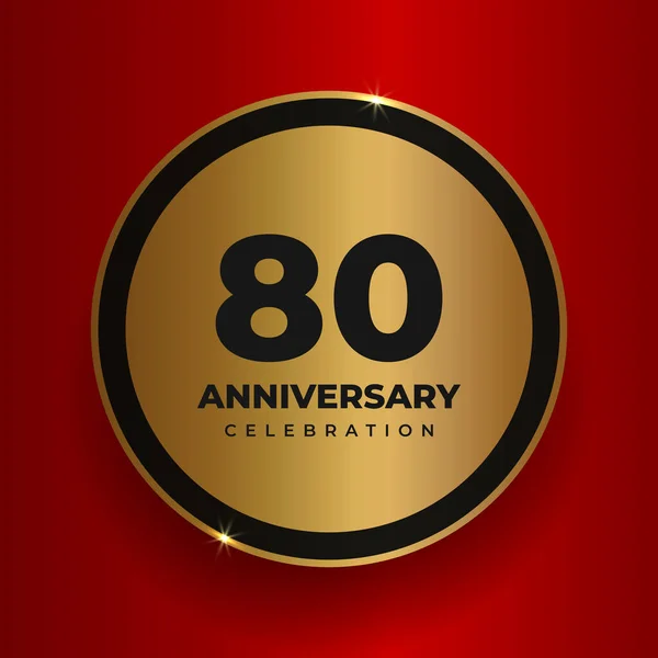 80周年記念の背景 80周年記念イベントのポスターテンプレートを祝います 赤い四角形の背景に数字とテキストを持つベクトル黄金の円 ベクターイラスト — ストックベクタ