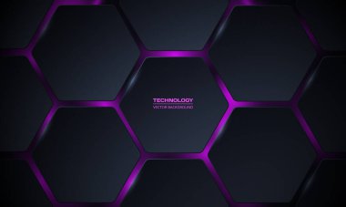 Karanlık 3d altıgen teknoloji vektörü soyut arka plan. Modern teknoloji fütüristik arka planda altıgen altında mor parlak enerji parlamaları 3D vektör çizimi. Koyu gri bal peteği desen ızgarası.