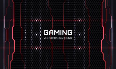 Modern oyun soyut arka plan. Siyah altıgen oyun arkaplanı, kırmızı ve beyaz renkli parlak ışıklar ve şekillerle soyut vektör arkaplanı. Vektör illüstrasyonu