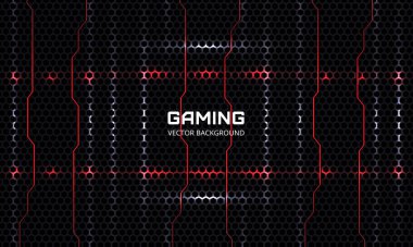 Kırmızı ve beyaz renkli parlak ışık ve çizgilerle koyu altıgen oyun soyut vektör arkaplanı. Vektör illüstrasyonu