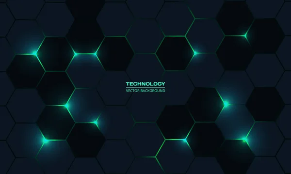 Tecnología Hexagonal Oscura Vector Fondo Abstracto Energía Brillante Verde Parpadea — Vector de stock