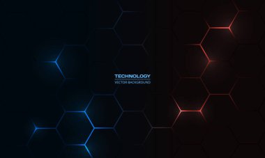 Dark hexagon gaming abstract vector background with blue and red colored bright flashes. Vector illustration