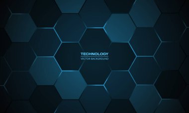 Lacivert altıgen soyut teknoloji arka planı. Altıgen altında mavi parlak ışıklar. Altıgen oyun vektörü soyut teknik arkaplan.