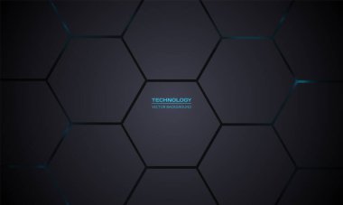 Teknoloji altıgen karanlık vektör arka planı. Gri bal peteği desen ızgarası. Karanlık teknolojide, modern, fütüristik illüstrasyonda, altıgen altında soyut mavi parlak enerji parlamaları.