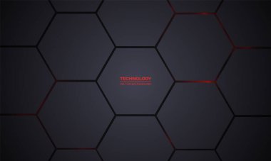 Teknoloji koyu altıgen vektör arka planı. Karanlık teknolojide altıgen altında soyut kırmızı parlamalar, fütüristik, modern illüstrasyon. Siyah bal peteği desen ızgarası.