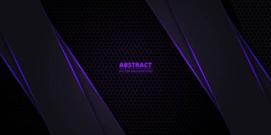 Karbon fiber koyu mor arkaplan, mor neon ışıklı çizgiler ve röfleler. Soyut koyu altıgen karbon fiber, teknoloji, fütüristik, modern arka plan. Vektör illüstrasyonu EPS10.